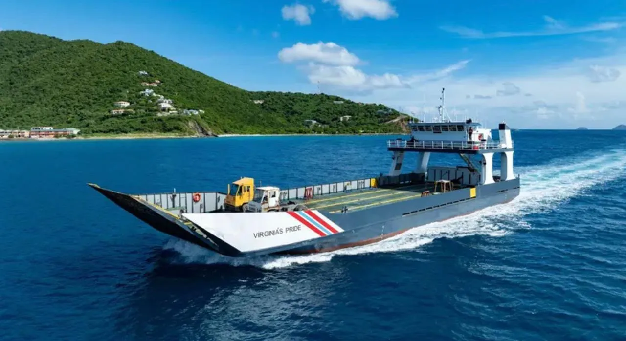 The Virginia's Pride car ferry under way off the coast, carrying vehicles on deck